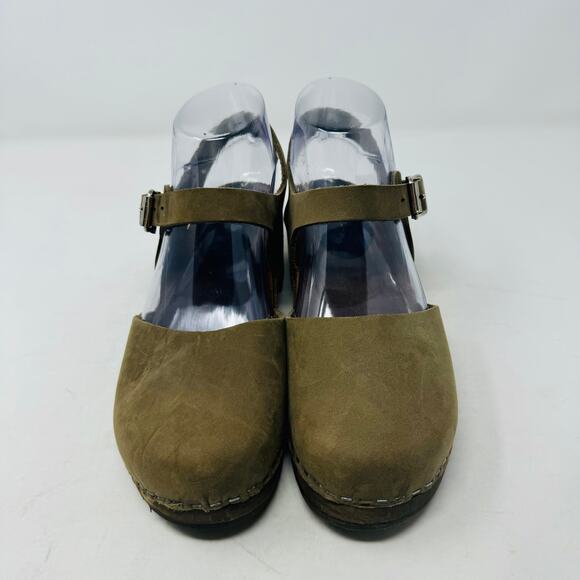 Lotta from Stockholm Green Leather Clogs Wooden Heels Adjustable Strap Size 37 - Picture 5 of 15